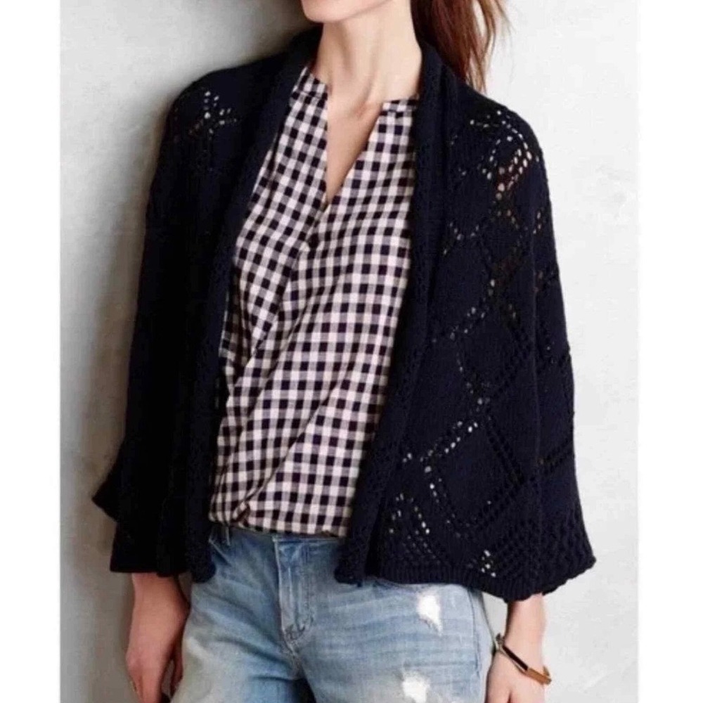 Angel of the North Cardigan Womens XS/S Navy Blue Boho Pointelle Open Front Knit